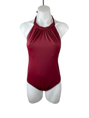 Amante Red Silk Satin Braided Halter Open Back One Piece Swimsuit Swimwear Sz L